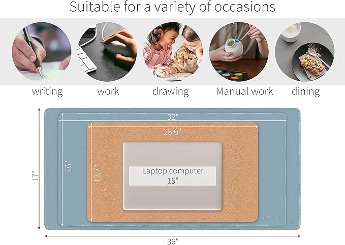 RENMTURE Dual-Sided Mouse Pad, Natural Cork & PU Leather Large Desk Pad for Office and Home Work, Desk Protector Non-Slip, Waterproof, Easy Clean (Blue Gray, 36"x17")