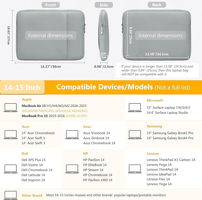 HYZUO 14-15 Inch Laptop Sleeve Bag Set for MacBook Air 15 M5 A3448 M4 M3 M2 2026-2023, MacBook Pro 15, XPS 14/15 Plus, 15" Surface Laptop, Notebook Case for 14" HP Lenovo Asus Acer, Rock Gray