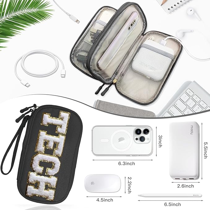 COSHAYSOO Small TECH Pouch Electronics Organizer Travel Bag Personalized Valentines Traveling Gifts for Women, Charging Cords Phone Charger USB Cable Management Airplane Cruise Essentials Black