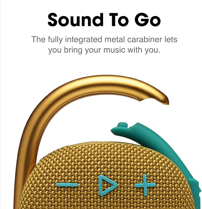 JBL Clip 4, Yellow - Portable Bluetooth 5.1 Speaker - Up to 10 Hours of Play - Waterproof & Dust Resistant - Includes Noise & Echo-Canceling Speakerphone