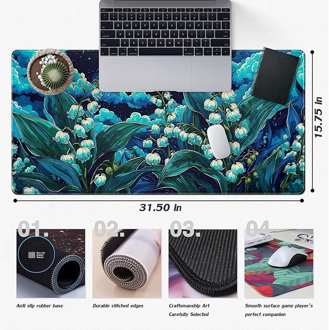 Desk Mat Floral Blue Green Large Mouse Pad 31.5''X15.7'' Lofi Aesthetic Desk Pad Lily of The Valley Extended Gaming Mousepad XXL Keyboard Mouse Mat Pretty Office Decor