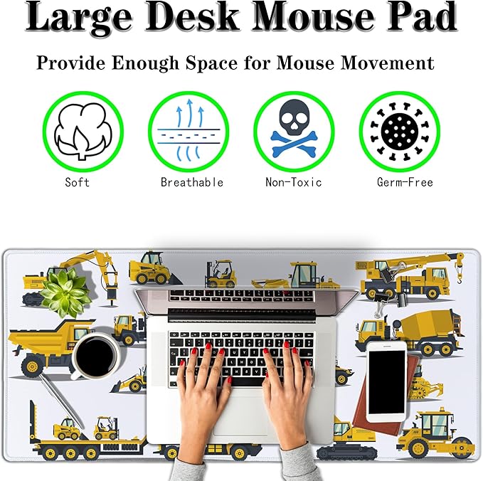 Big Mouse Pad Yellow, Keyboard Mouse Pads Computer Mats, Big Gaming Mouse Pad Waterproof Non-Slip Rubber Base, 35.4 X 15.7 inch for Work/Game/Office/Home Large Construction Equipment