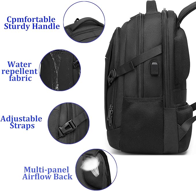 DUSLANG Travel Work Laptop Backpack With USB Charging Charger Port Fits 15.6 Inch Notebook Business Anti Theft College Computer Bag Back Pack for Women Men with Rain Cover - Black