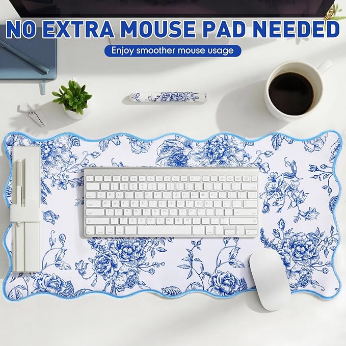 Kingdder Scalloped Desk Mat Large Blue and White Floral Chinoiserie Mouse Pad 31.5" x 15.7" Aesthetic Vintage Nonslip Rubber Base Keyboard Pad for Laptop Computer Dorm Home Office Gaming