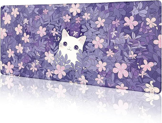 Cat Purple Mouse Pad Large Desk Mat, Kawaii Purple Computer Mousepad with Stitched Edges Non-Slip, Keyboard Mouse Pad for Desktop Cute Office Supplies Desk Decor Accessories 31.5x11.8 in