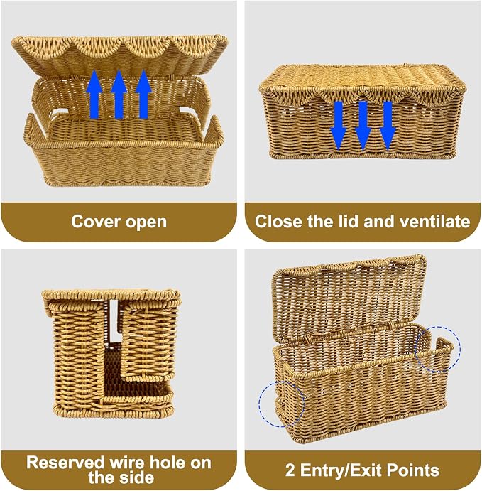 Scalloped Edge Handmade Cable Management Box, Elegant Plastic Rattan Cable Organizer, 2 Open Slots Sturdy Cord Hider Box, Under Desk Cord Organizer for Home TV Wires Computer Router USB Hub Strip (1) - Image 5