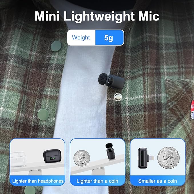 5g Mini Microphone for iphone17/16/15 Android, iPad. Lavalier Microphone Offers Super Crystal Sound, Newly Upgraded Noise Reduction Phone Mic for TikTok YouTube Podcast Vlog