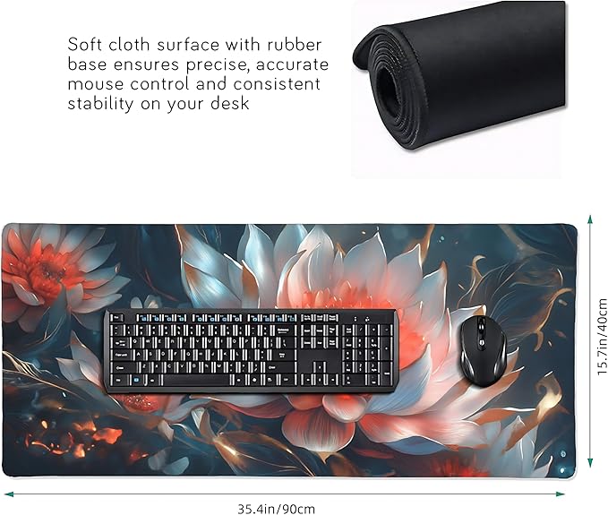 Floral Aesthetic Lotus Gaming Mouse Pad, Ink Blue Red Cyber Desk Mat with Anti-Slip Base & Stitched Edges,35.4" x 15.7" in Table Mat for Computer Desktop, Beautiful Workstation Decor