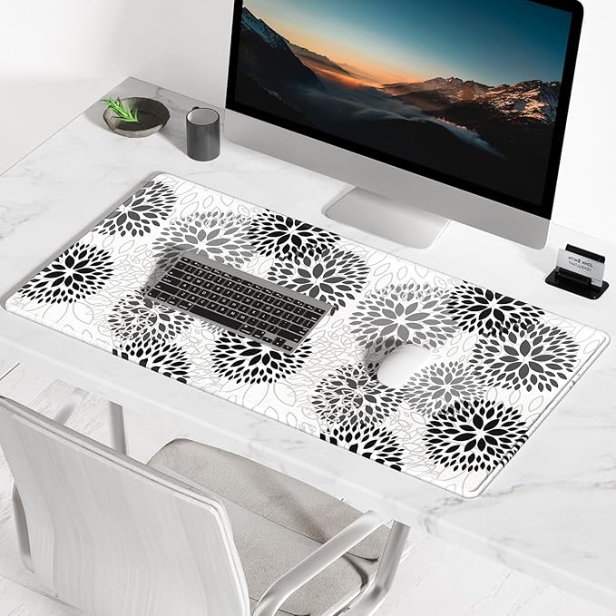 BOSOBO Large XXL Gaming Mat, Full Cover Desktop Mat - 31.5 x 11.8 Inches, Minimalist White Black Flower