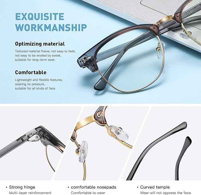 Blue Light Blocking Glasses Vintage Half Frame UV Clear Lens Anti Eyestrain Computer Gaming Glasses for Men Women