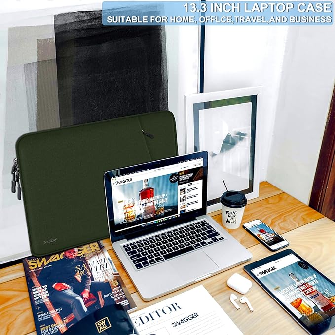 Laptop Sleeve Case 13.3 inch, Shockproof Protective Computer Cover with Accessories Pocket, Laptop Bag Compatible with MacBook Air/Pro 13-13.3 inch, Compatible for MacBook Pro 14 inch, ArmyGreen