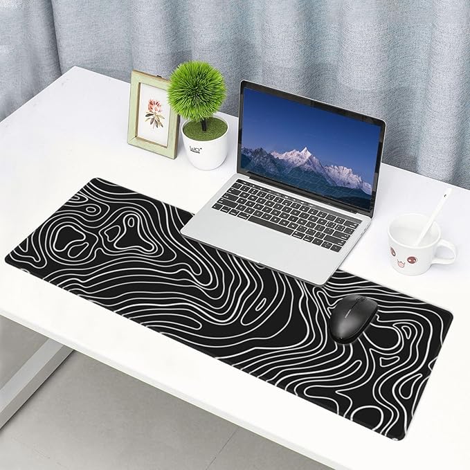Topographic Map Black Gaming Mouse Pad Desk Mat for Home and Office, Large Mousepad Extended Keyboard Pad Stitched Edge Accessories Decor