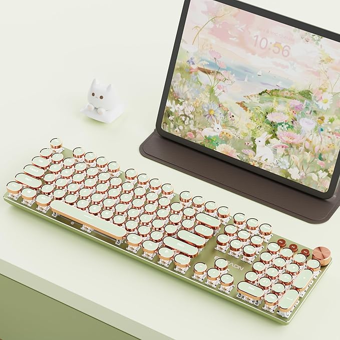 EWEADN V20 Typewriter Keyboard Wireless, 104 Keys Typewriter Style Mechanical with White Backlit, Media Knob, Pink Switch 2.4G/Bluetooth/USB-C Wired Retro Full Size Keyboard for Windows/Mac/PC-Green