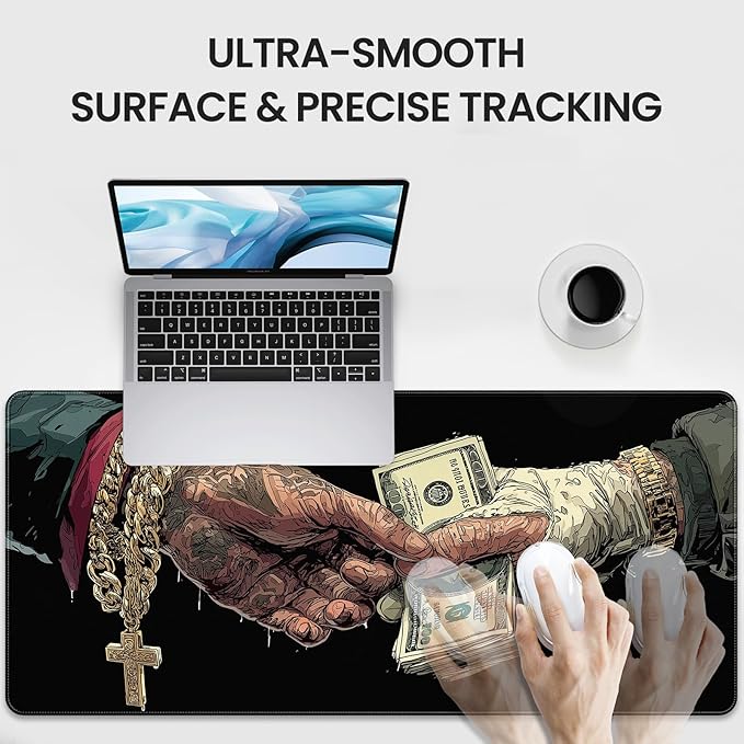 Extended Gaming Mousepad with Cross and Dollar Bill Designs, 35.4 x 15.7 inches, Featuring a Non-Slip Base and Waterproof Surface, Suitable for Home Office and Work environments.