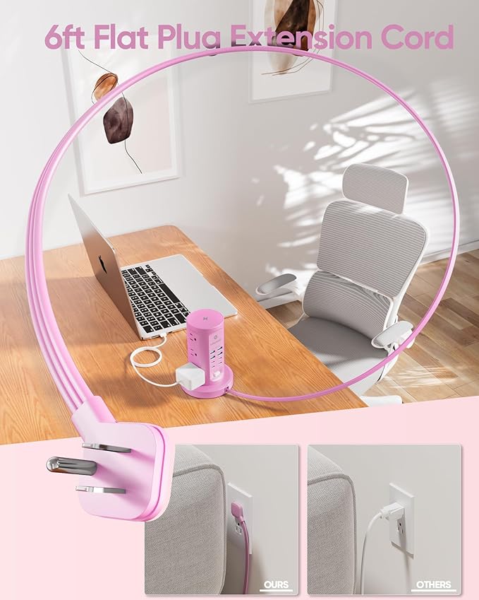 Power Strip Tower, kakyanill Surge Protector Tower 9 AC Outlets 8 USB (4 USB C), 6 Ft Retractable Extension Cord, Charging Station for Office Dorm Room, Purple