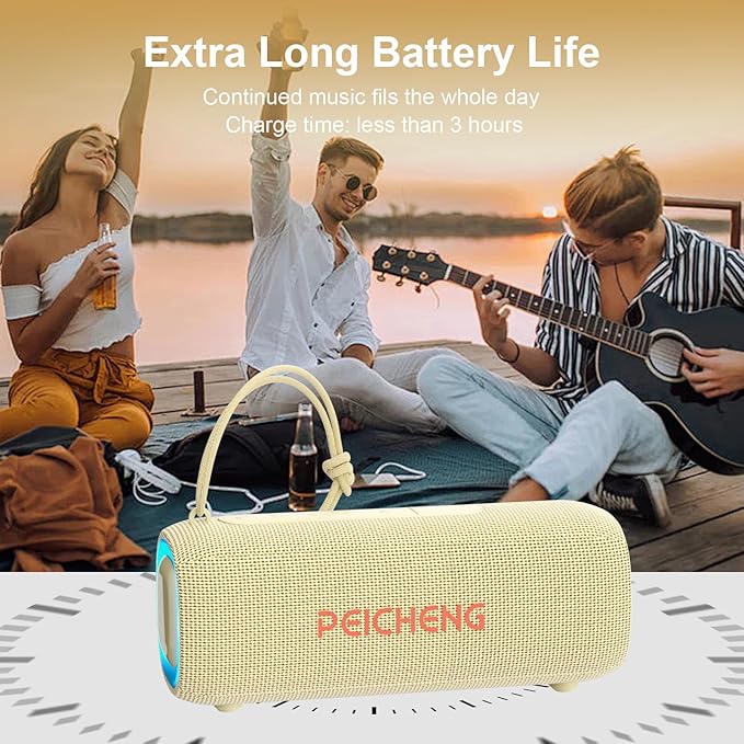 Bluetooth Speaker, Portable Wireless Clear Loud Stereo Sound IPX5 Waterproof with RGB Lights BT5.3 Long Playtime TWS Pairing,for Home Party Outdoor Beach,Great Gift Choice (Beige)
