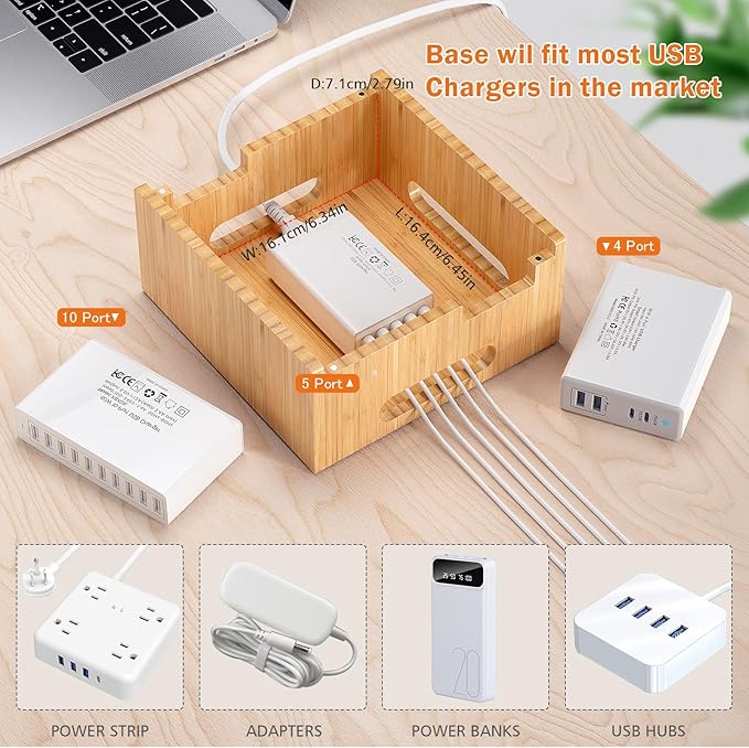 Pezin & Hulin Multiple USB Charging Station, Wooden Bamboo Dock Station for Cell Phones, Tablets, Earpods and Smart Watch, Including Power Charger HUB, 5 Cables -Natural Bamboo