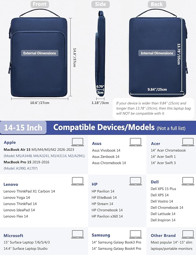 HYZUO 14-15 Inch Laptop Bag Sleeve for MacBook Air 15 M5 A3448 M4 M3 M2 2026-2023, MacBook Pro 15, XPS 14/15 Plus, 15" Surface Laptop, Notebook Case for 14" Dell HP Lenovo Asus Acer, Navy Blue