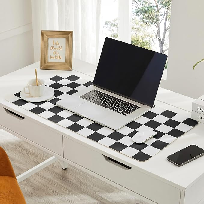 Checkered Desk Mat, Large Cute Aesthetic Retro PU Leather Computer Laptop Desk Mat, Non-Slip Waterproof Mouse Keyboard Pad, Desk Writing Mat for Work/Home (Black, 23.6" x 13.7")