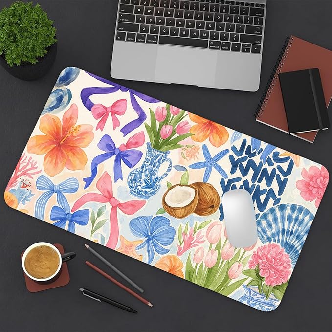 Large Mouse Pad, Floral Bow Desk Mat for Desktop, Women Girls Flowers PU Leather Waterproof Desk Pad, Computer PC Laptop Protector Gaming Mouse Pads for School Office Home 27.5" x 13.8"