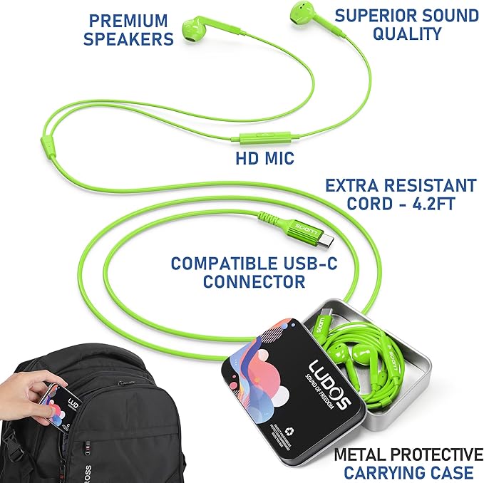 LUDOS FEROX USB C Headphones for iPhone 17 16 15 Pro Max Plus Air iPad Pro, 5 Years Warranty, USB-C Earbuds for Samsung Galaxy S24 S23 Ultra S22 S21 FE S20 Z Flip 3 Fold 4 A53, USB Type C Earphones