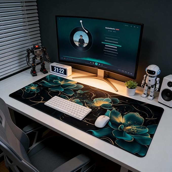 Floral Aesthetic Lotus Large Mouse Pad, Deep Blue Modern Desk Mat with Anti-Slip Base & Stitched Edges,35.4" x 15.7" in Desk Accessories for Women, Home Office Decor & Artistic Gift
