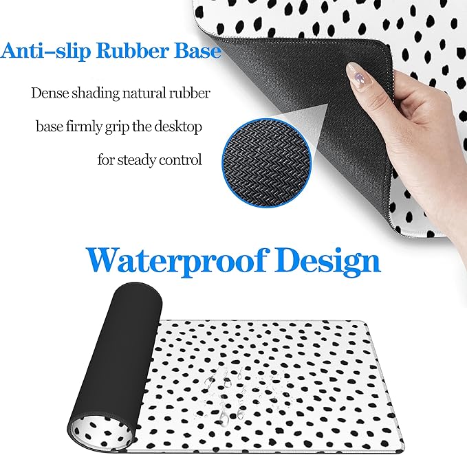 Polka Dot White Large Desk Mat Desk Pad,Extended Large Mouse Pad Cute Mouse Pads For Desk Accessories,31.5 x 11.8Inch Long Computer Keyboard MousePad Mouse Mat with 3mm Non-Slip Base and Stitched Edge