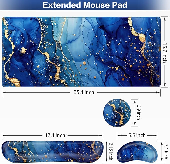 Desk Mat Blue, Large Gaming Mouse Pad with Wrist Rest, 4in1 XXL Mousepad+Keyboard Wrist Rest+Mouse Pad Wrist Support+Cup Coaster Set Ergonomic Computer Desk Arm Wrist for Decor Home Office Women