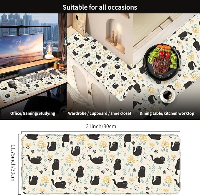 Desk Mat,Big Desk Pad,31.5 x 11.5in Extended Gaming Mouse Pad,Large Mouse Pad for Desk Rubber Base Mousepad with Stitched Edges,Keyboard Mouse Mat for Work Game Office Home - Cat in Flower