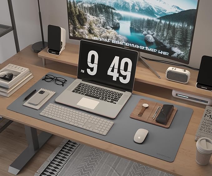 RENMTURE Dual-Sided Large Desk Pad, Faux Leather Natural Cork Mouse pad, Desk Accessories Protector, for Office and Home Work (Space Grey, 32"x16")