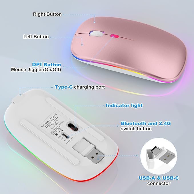 Mouse for MacBook, LED Bluetooth Wireless Mouse for MacBook Air Mac Pro iPad Laptop, Silent RGB Mice, 3 Mode BT 5.2 & 2.4G USB-A/USB-C Receiver Slim Portable Mice with Jiggler Mode, Rose Gold