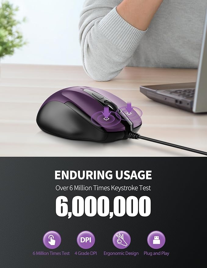 TECKNET USB Wired 6-Button Mouse With 4 Adjustable DPI, Optical Computer With Ergonomic Design and 5FT Cord for Laptop, Chromebook, PC, Desktop, Mac, Notebook - Purple