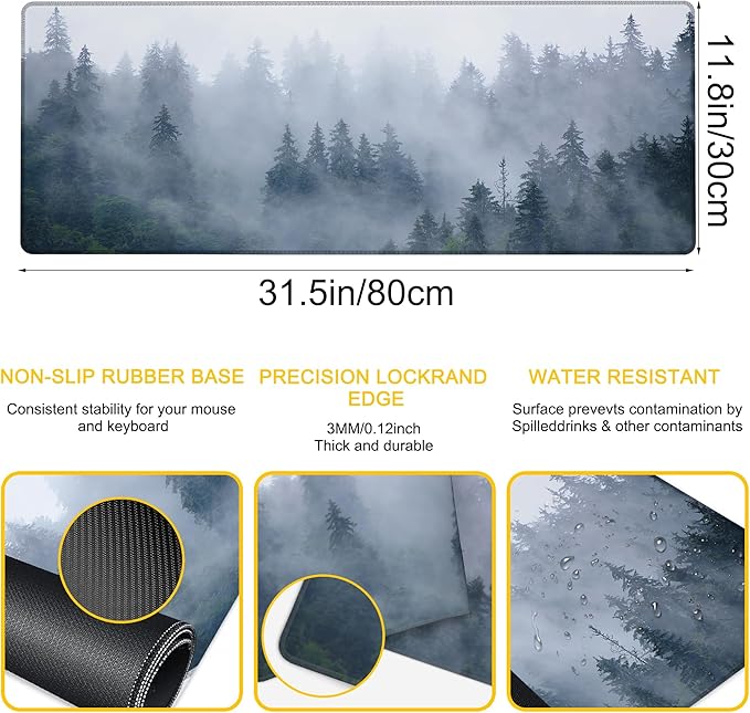 Desk Mat Misty Forest Desk Pad for Keyboard and Mouse, Large Mousepad with Stitched Edges for Work Game Office, 31.5 x 11.8 in