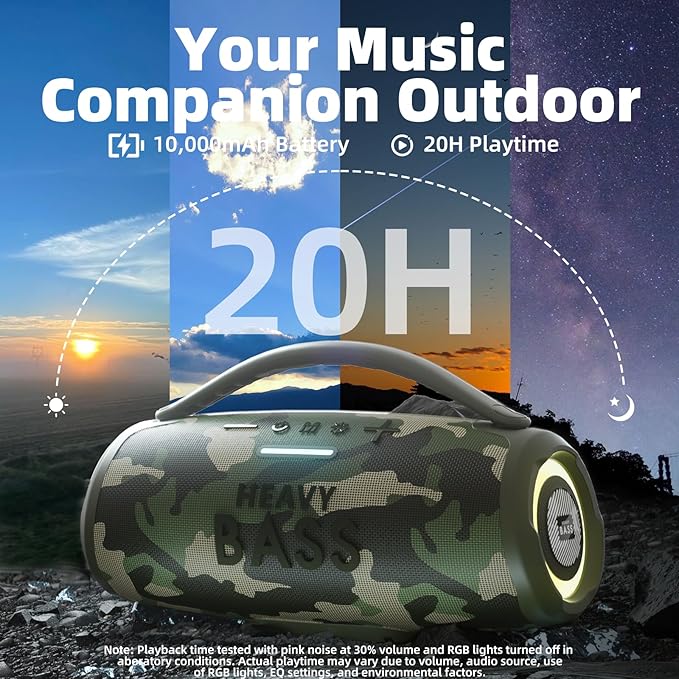HEAVY BASS Speakers Bluetooth Wireless, 80W Max Loud Portable Speaker with Bass, 20H Playtime, IPX6 Waterproof, Dual Pairing, Gift Ideal for Adults Men Women Teen Boys Girls (Camo, Large)