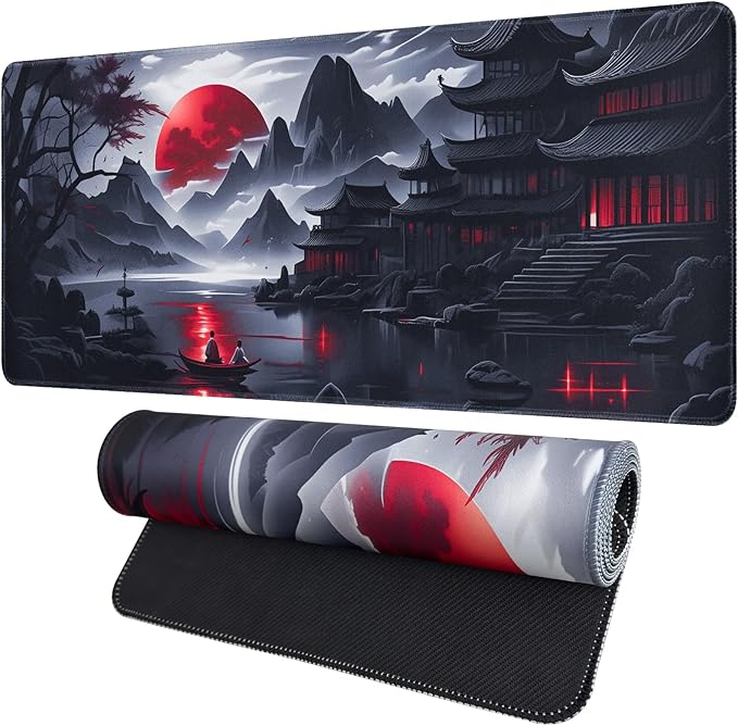 Black Mouse Pad Gaming Keyboard Pad 35.4 x 15.7 in Computer Mouse Pad Anime Gaming Mousepad, Expanded Architecture Cool Desk Pad, Japanese Red Moon Large MousePads Suitable for Home Office