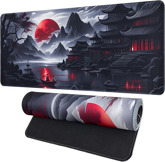 Black Mouse Pad Gaming Keyboard Pad 35.4 x 15.7 in Computer Mouse Pad Anime Gaming Mousepad, Expanded Architecture Cool Desk Pad, Japanese Red Moon Large MousePads Suitable for Home Office