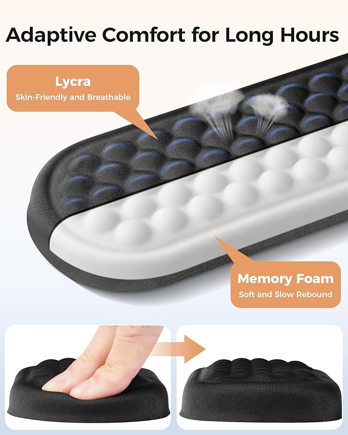 Wrist Rest Set for Keyboard and Mouse, Ergonomic Wrist Support with Soft Memory Foam, Silky Lycra Cover, Non-Slip Base (Dark Black)