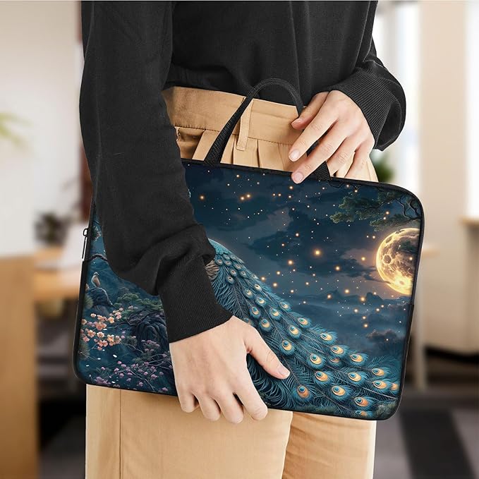 Laptop Sleeve Bag with Handle Computer Protective Soft Cover Case for 14 Inch 13 Inch Laptop,Peacock Moon