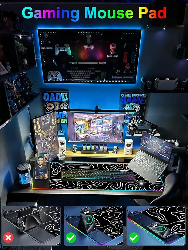 XXL Mouse Pad with Foldable Phone Holder - Black, RGB Desk Mat with 15W Fast Charging, LED Gaming Mousepad with 11 Light Colors, Waterproof Non-Slip Pad (Stand-XXL RGB Topographic)
