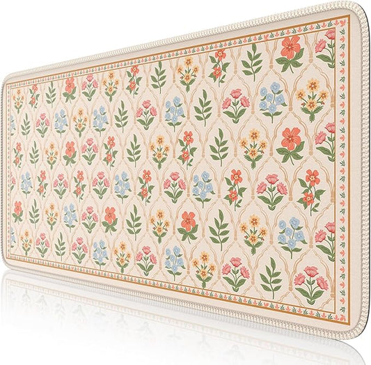 iCasso Floral Desk Pad Mat, Large Mouse Pad, Desk Matt for Desktop, Anti-Slip XXL Big Mousepad with Stitched Edges for Computer Keyboard (Beige Moroccan)