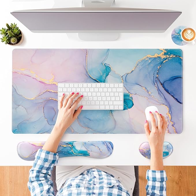 QIYI Leather Desk Mat Set, 4-in-1 Large Mouse Pad with Wrist Rest, Non-Slip Desk Pad + Keyboard Wrist Rest + Mouse Wrist Support + Coaster, Office Desk Accessories Home Decor Supplies, Blue Pink Fluid