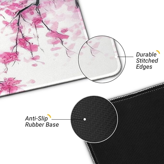 Gaming Mouse Pad, Large 31.5 x 11.8 inches Mousepad, Long Keyboard Pad, Cute Mouse Mat for Computer with Stitched Edges and Non-Slip Base (Pink Cherry Blossoms)