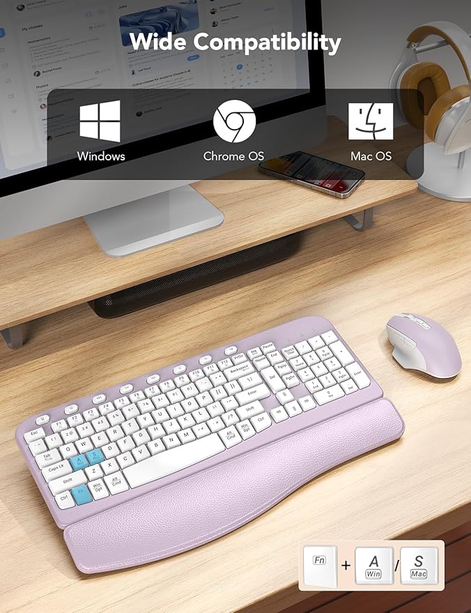 SABLUTE Wireless Keyboard and Mouse Combo, Ergonomic Wave Key, Cushioned Plam Rest, Comfortable Silent Natural Typing, 2.4G Lag-Free, Full Size Keyboards Cordless Set for Multi-OS, Windows/Mac, Purple