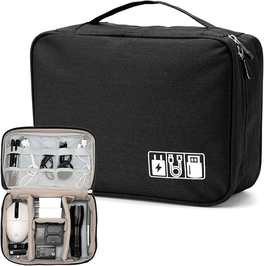 Cable Organizer bag for women or men,Electronic Accessories Carry Case Portable Waterproof Double Layers All-in-One Storage Bag for Cord, Charger, Phone, Earphone (Black)