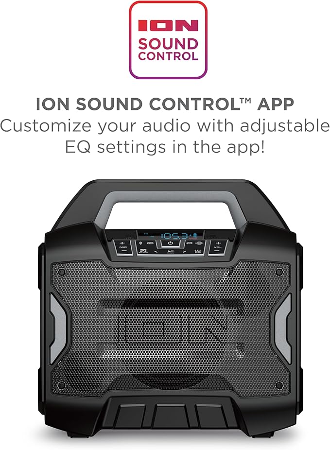 ION Sport Boom - Portable 60W Outdoor Bluetooth Speaker with Microphone, IPX5 Water-Resistant, 15-Hour Battery, FM Radio, USB Port, App
