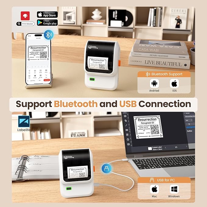 Label Maker Machine with 3 Tapes, M100 Bluetooth Label Printer, Versatile App with 3000 Icons and 300 Templates, 2 Inch Barcode Label Maker for Small Business, Office, Home, School, White