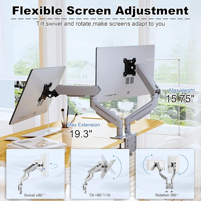 THEARK Dual Monitor Stand for Desk - Dual Monitor Mount for 17-32 Inch Screens,Height Adjustable Dual Monitor Arm Desk Mount with Clamp and Grommet Base,75x75/100x100mm VESA Mount,Max 19.8 lbs,Silver
