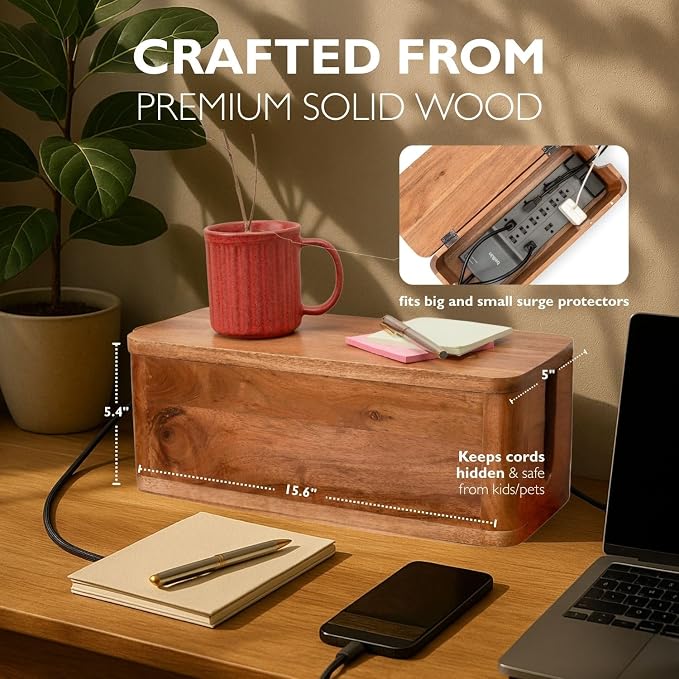 Large Cable Management Box - Acacia Wood - Cable Organizer Box and Power Strip Box for Electrical Cord Management - Hide Desk Cord and Floor Cables - Wire Storage and Organization for Cords - Image 2