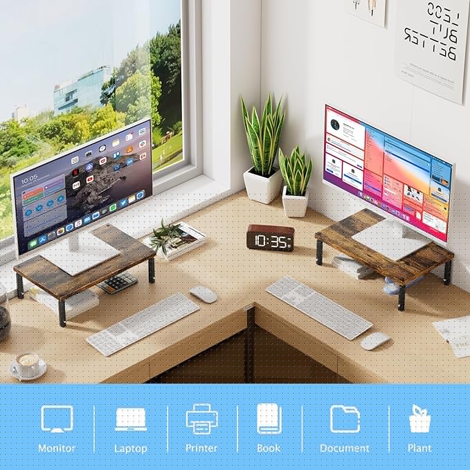 OPNICE Adjustable Monitor Stand Riser for Desk, Computer & Laptop Stand, Desk Organizers and Accessories, Office Desk Accessories & Workspace Organizer for Home Office, Brown Wood