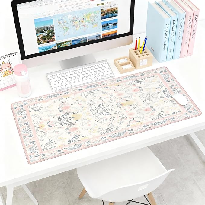 XXL Large Floral Mouse Pad - Pink Flower Desk Mat with Stitched Edges & Anti-Slip Base, Cute Computer Keyboard Mat for Office & Home, Desk Decor for Women
